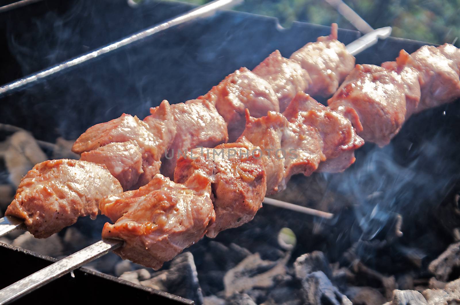 Shish kebab on a skewer fried on open coals of a fire 