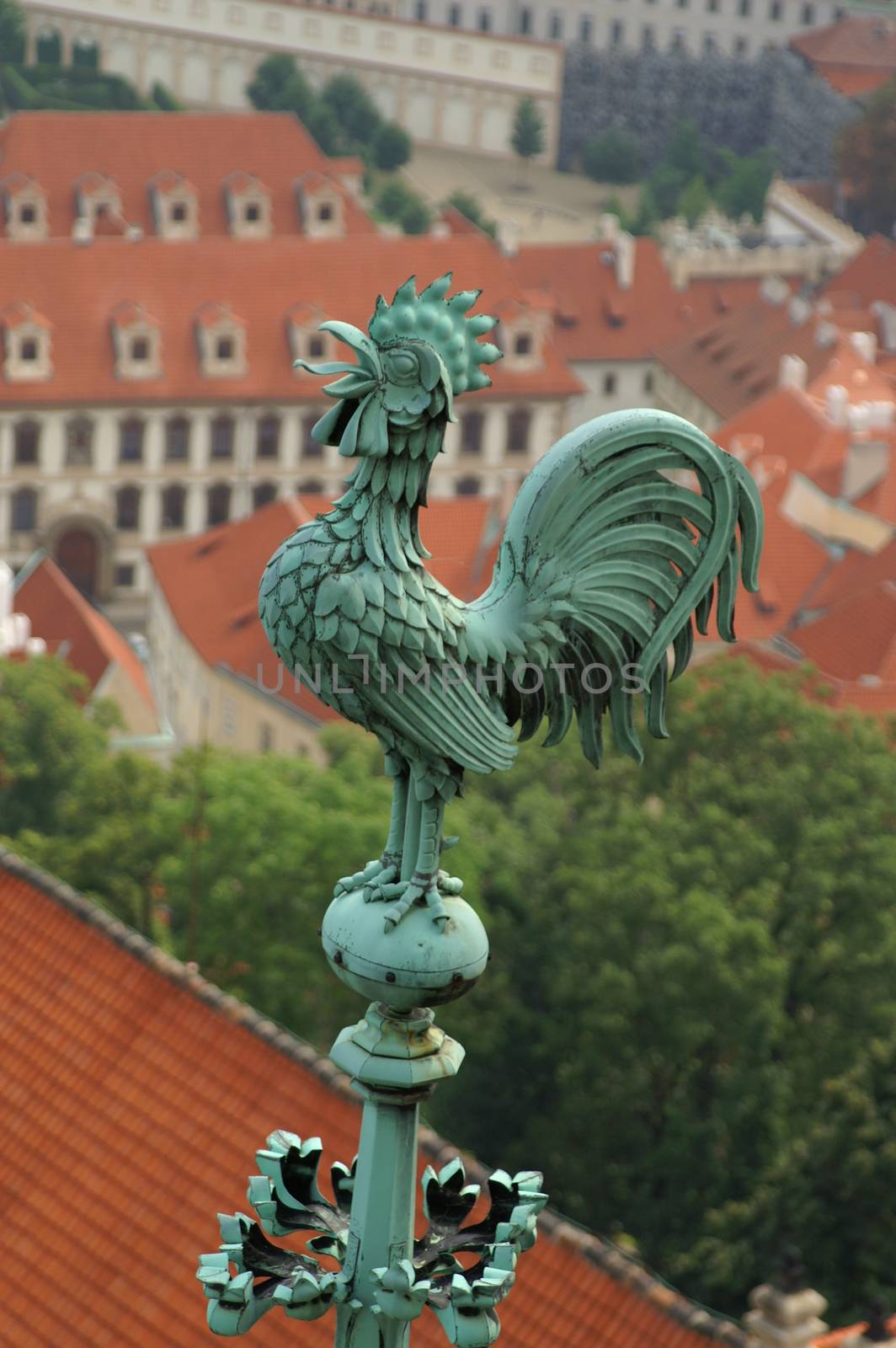 Roofs of prague houses and cock on a church tower