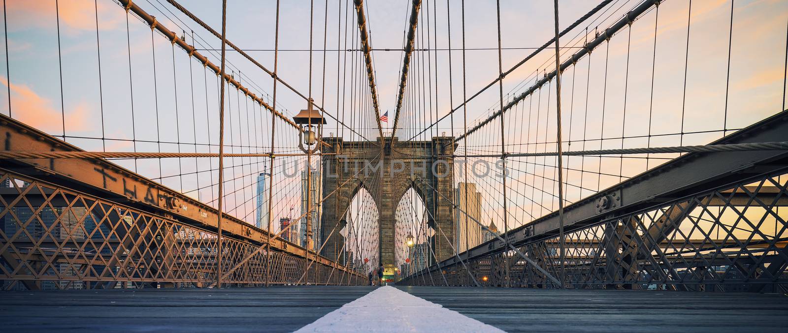 Panoramic view on Brooklyn Bridge, New York, USA.