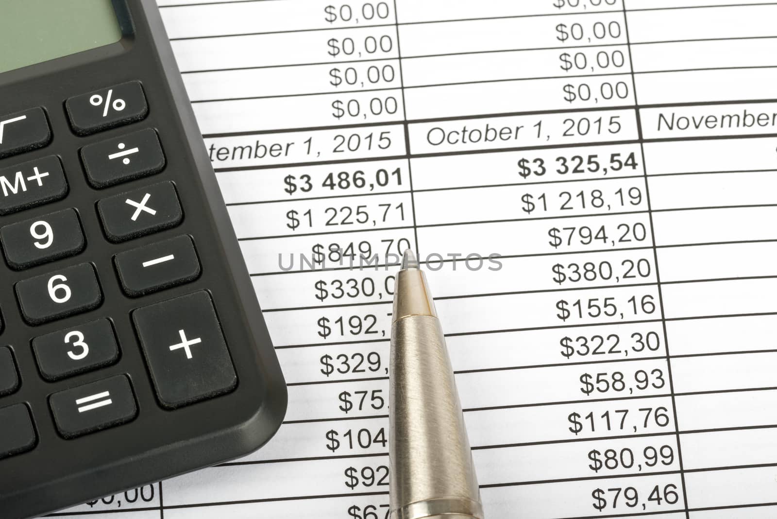 Golden pen with calculator on documents background, closeup