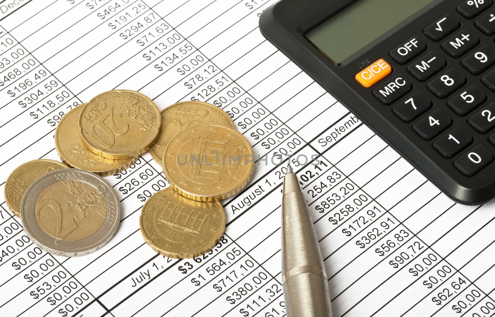 Calculator with coins and pen on bills background, closeup