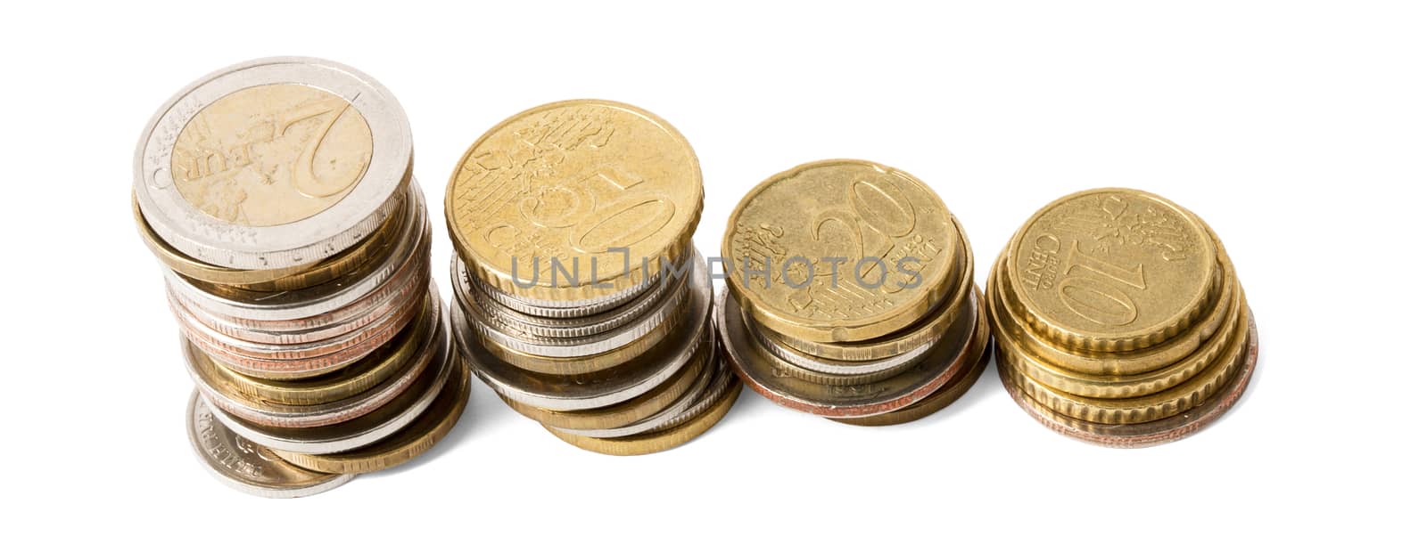 Four stacks of gold coins isolated on white background, top view