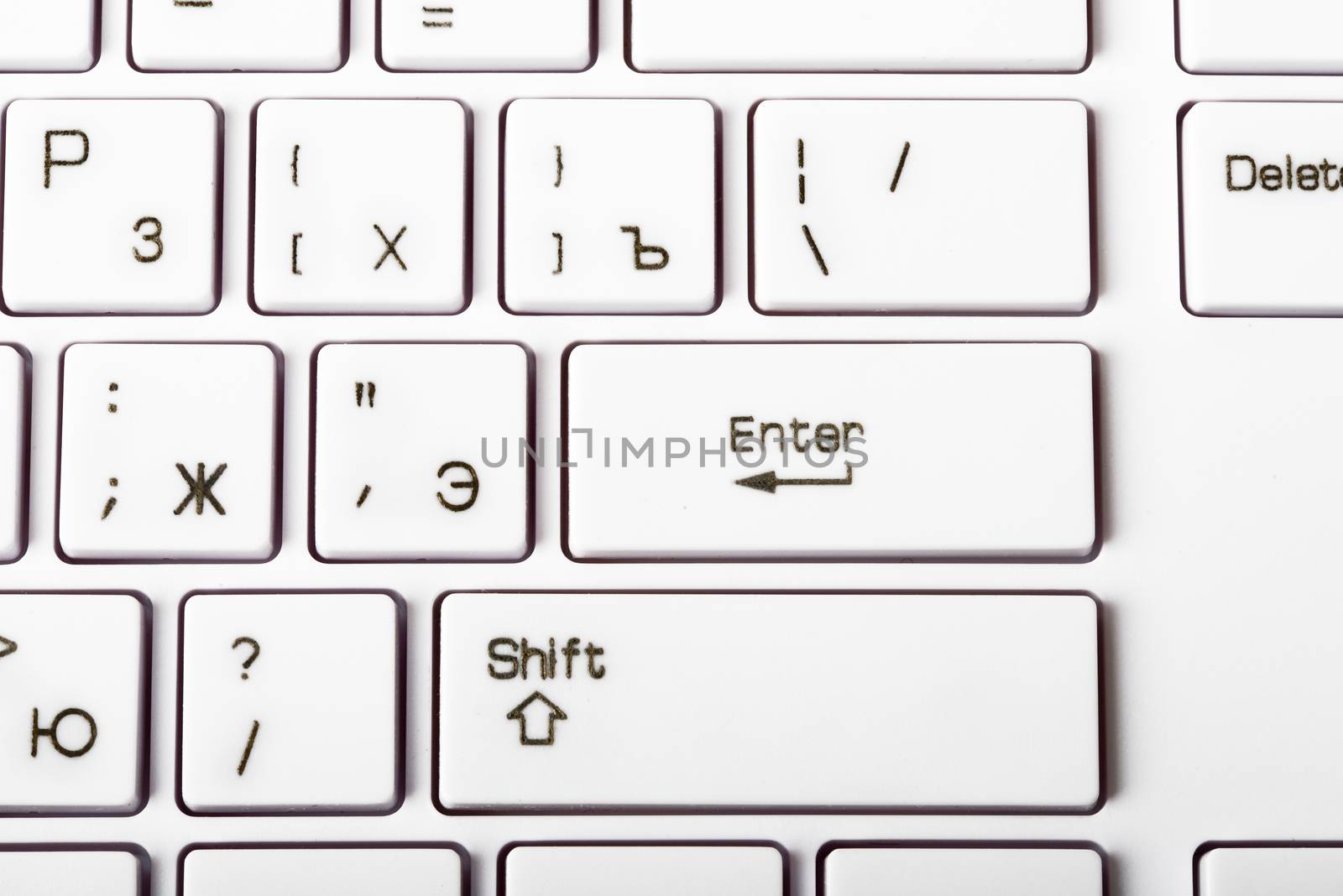 Closeup view of white keyboard with buttons and letters