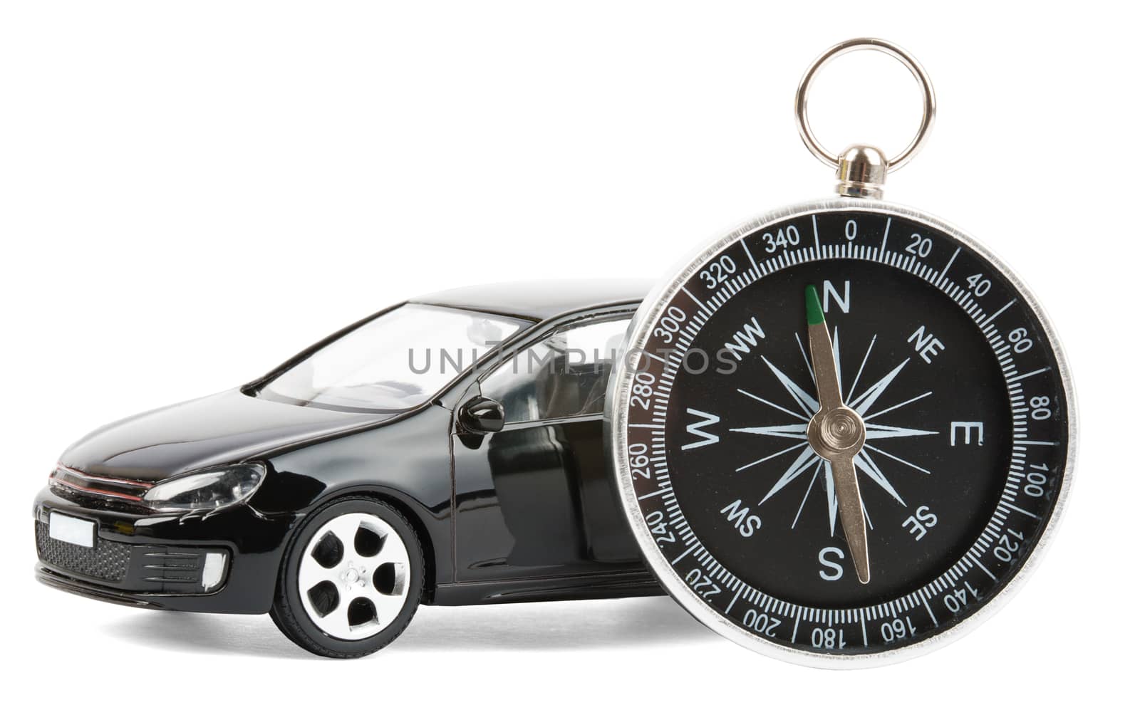 Compass with car isolated on white background
