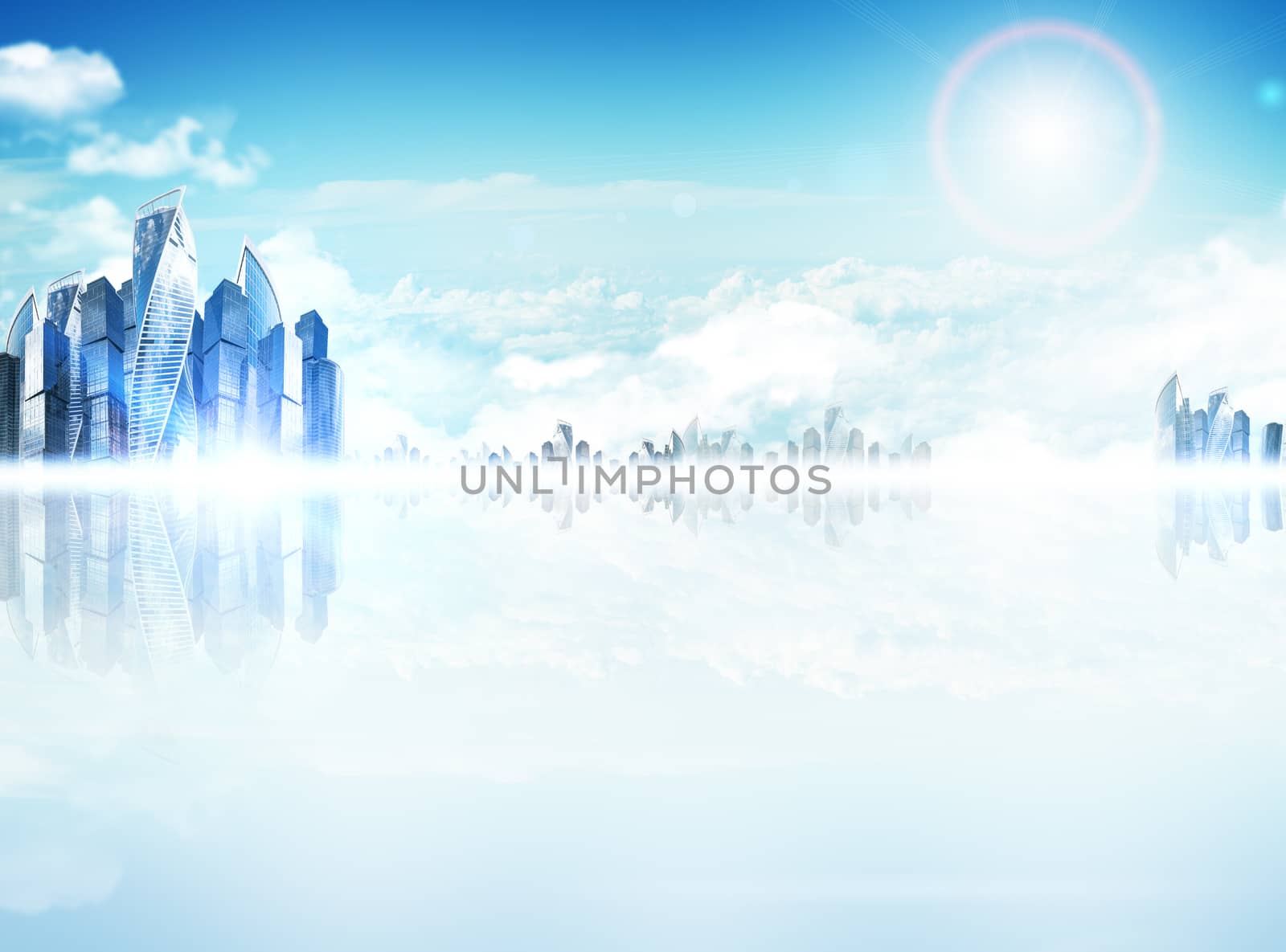 City with reflection and blue sky with clouds and skyline