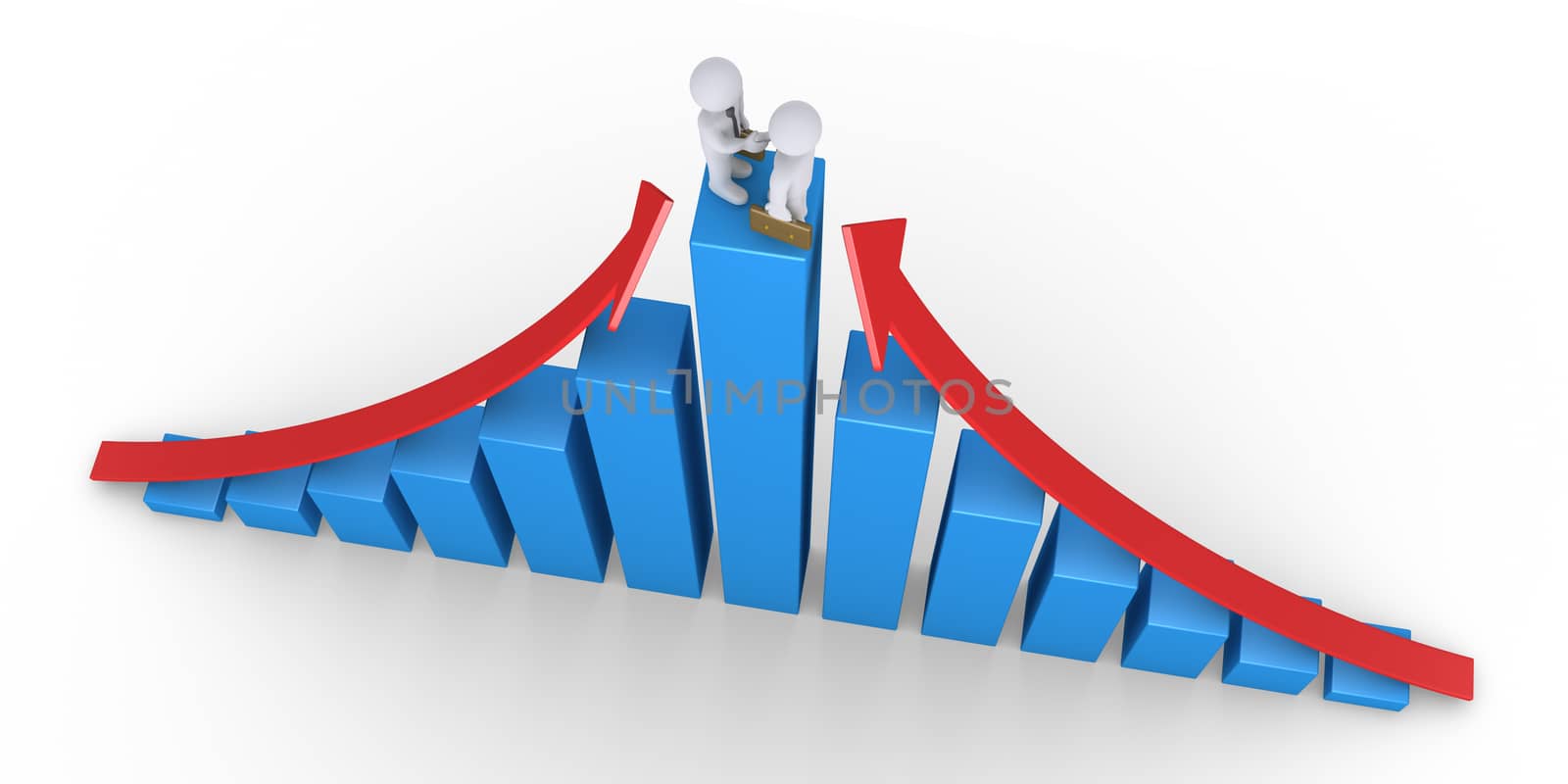 Businessmen shake hands on top of the highest column of a graphic chart