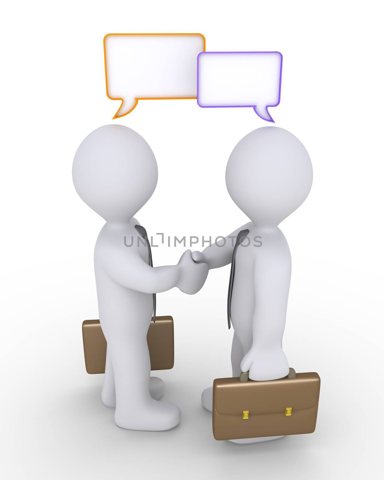 Businessmen shake hands and two blank speech bubbles are above their heads