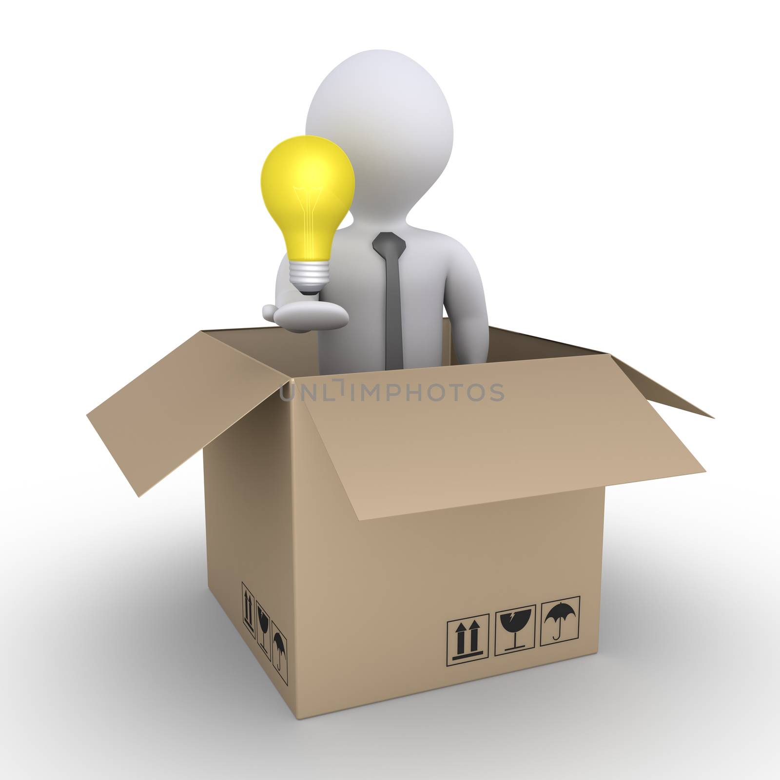 Businessman holding a light bulb is inside a carton box