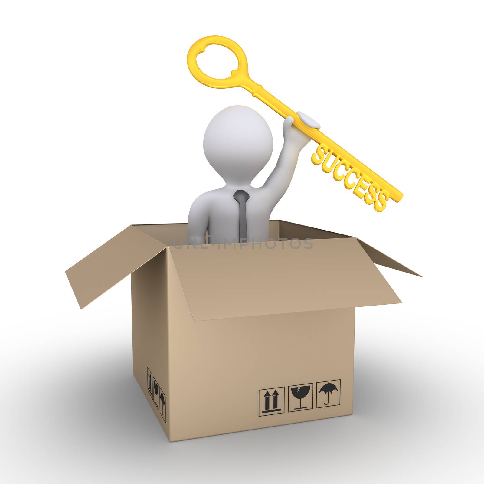 Businessman inside a carton box is holding a key of success