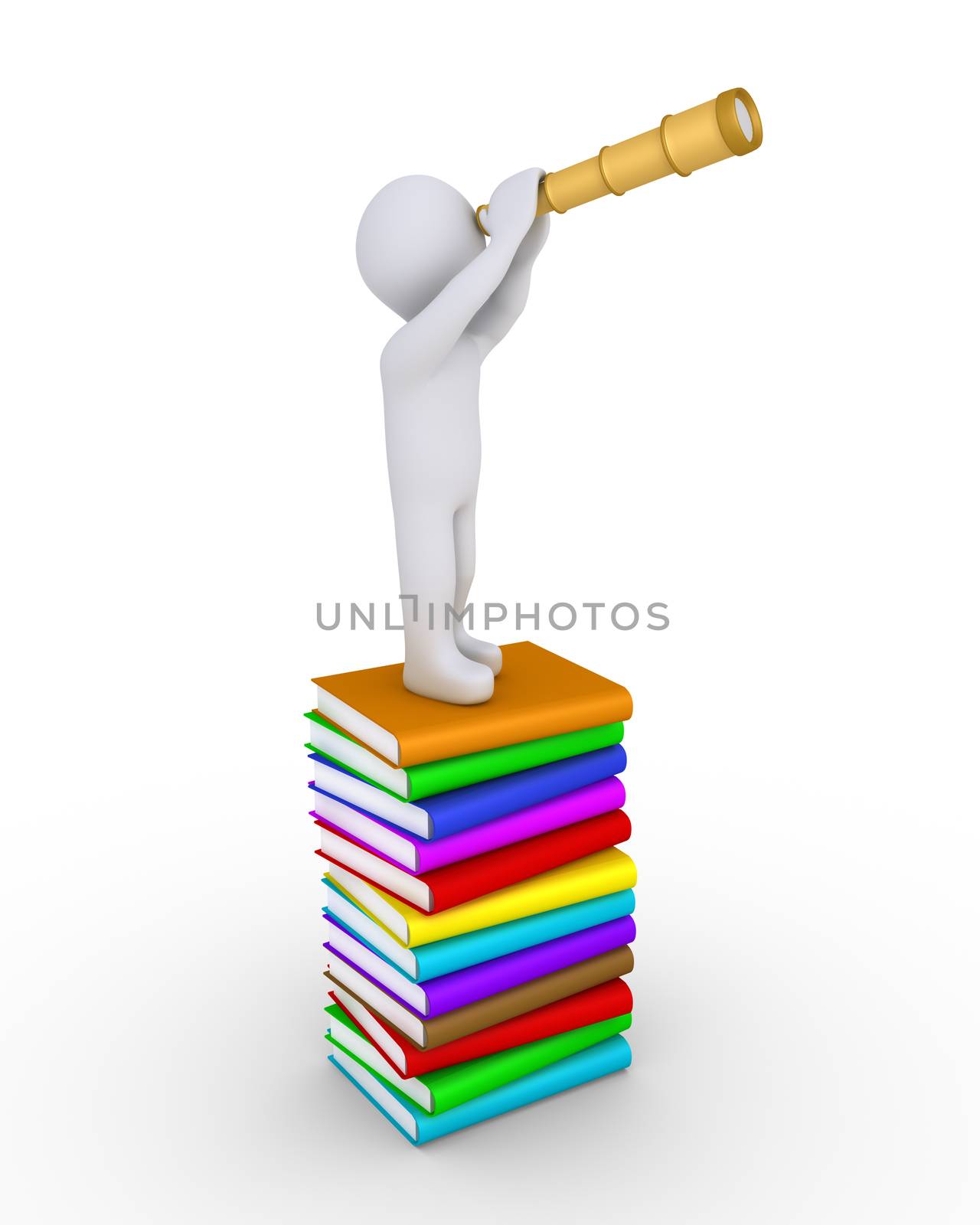 Person is looking through a telescope while standing over a pile of stacked books