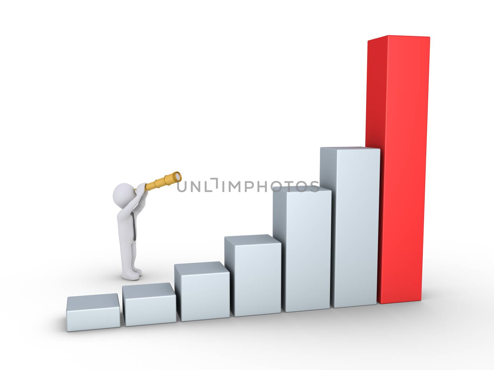 Businessman is looking through a telescope at a rising graphic chart made by columns