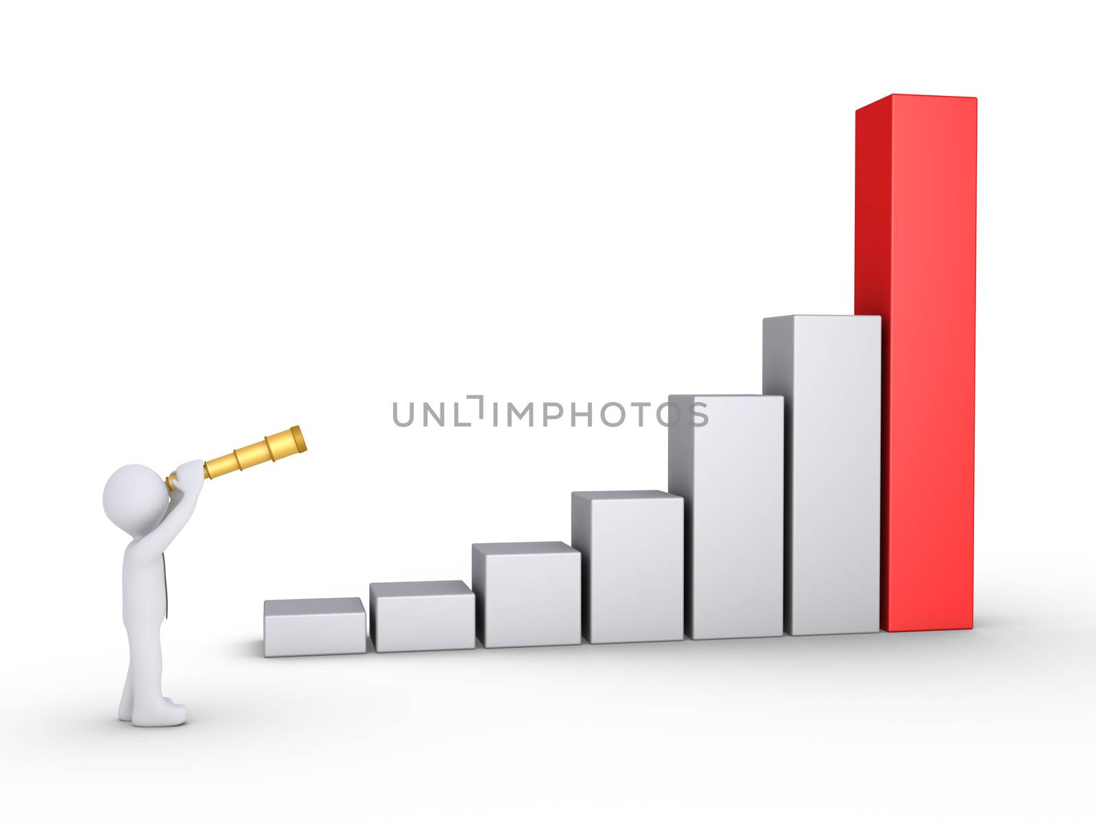 Businessman is looking through a telescope at a rising graphic chart