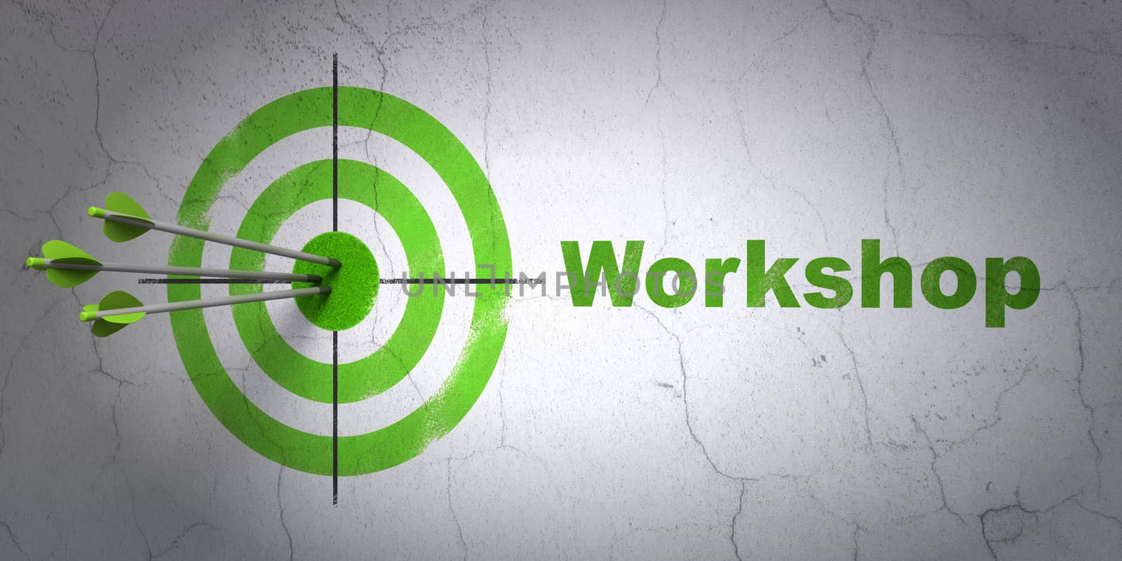 Success Learning concept: arrows hitting the center of target, Green Workshop on wall background