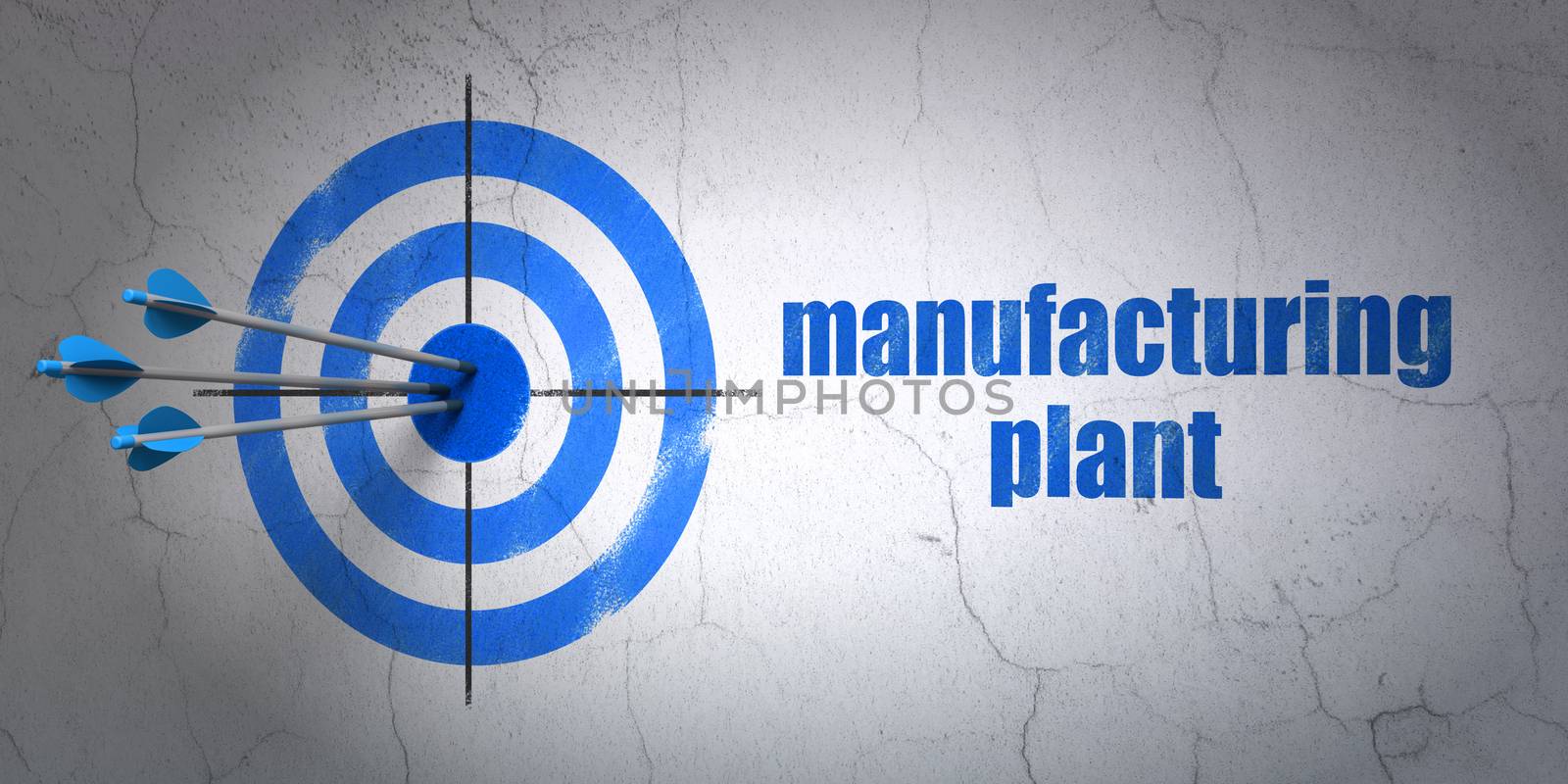 Success Manufacuring concept: arrows hitting the center of target, Blue Manufacturing Plant on wall background