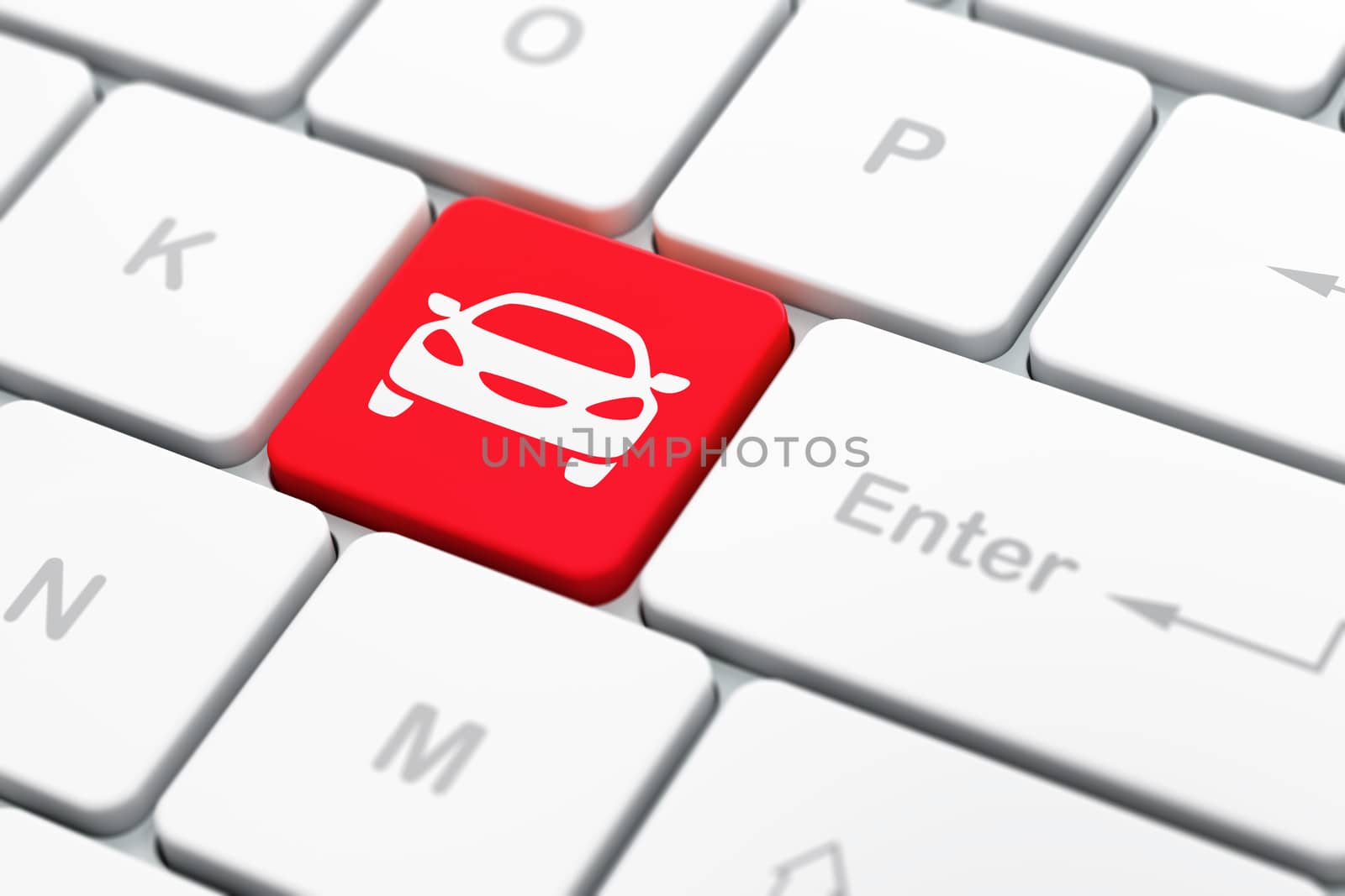 Travel concept: computer keyboard with Car icon on enter button background, selected focus, 3d render