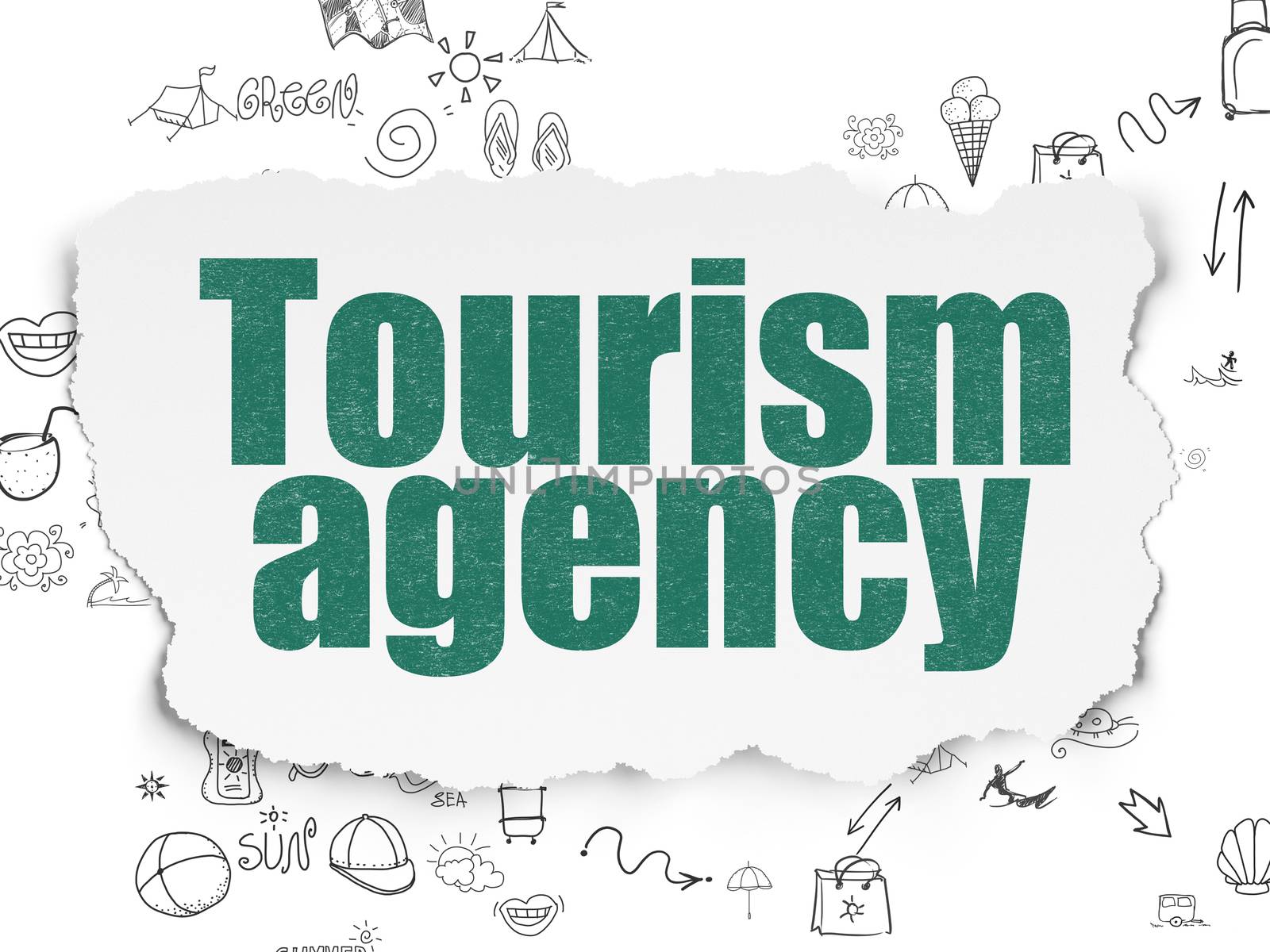 Tourism concept: Painted green text Tourism Agency on Torn Paper background with Scheme Of Hand Drawn Vacation Icons