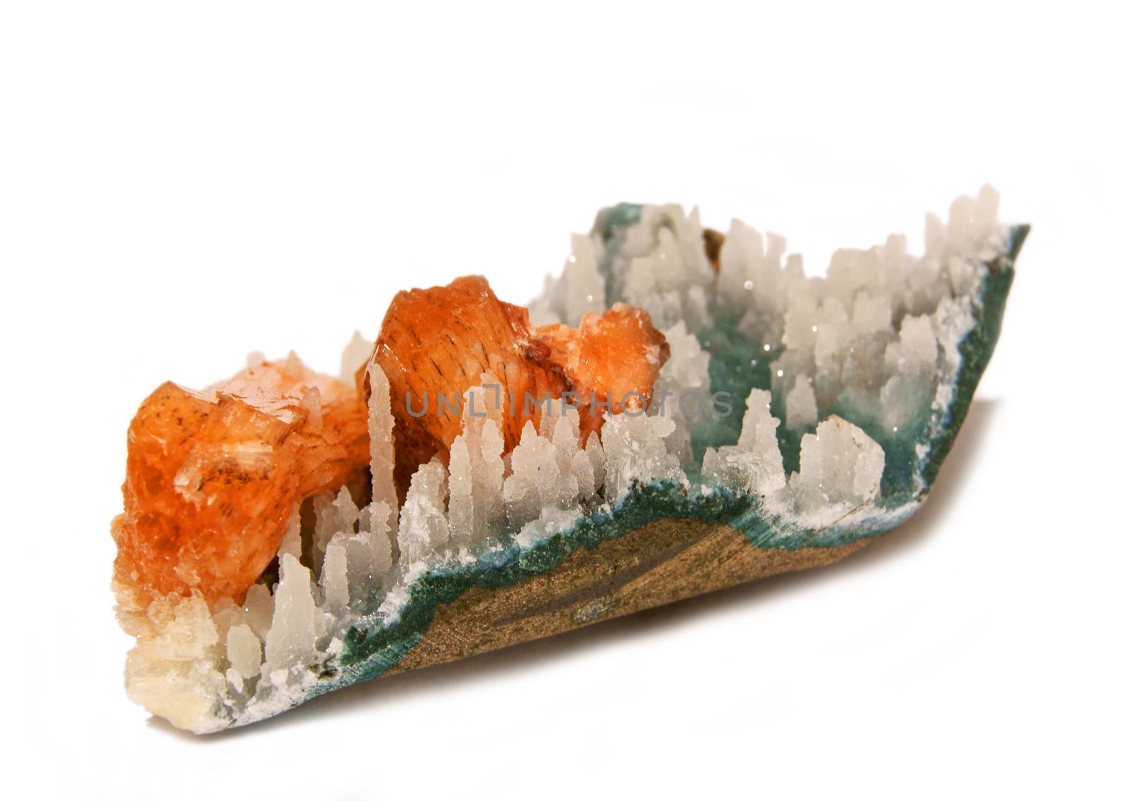 Orange stilbite crystals on chalcedony stalactite matrix from India