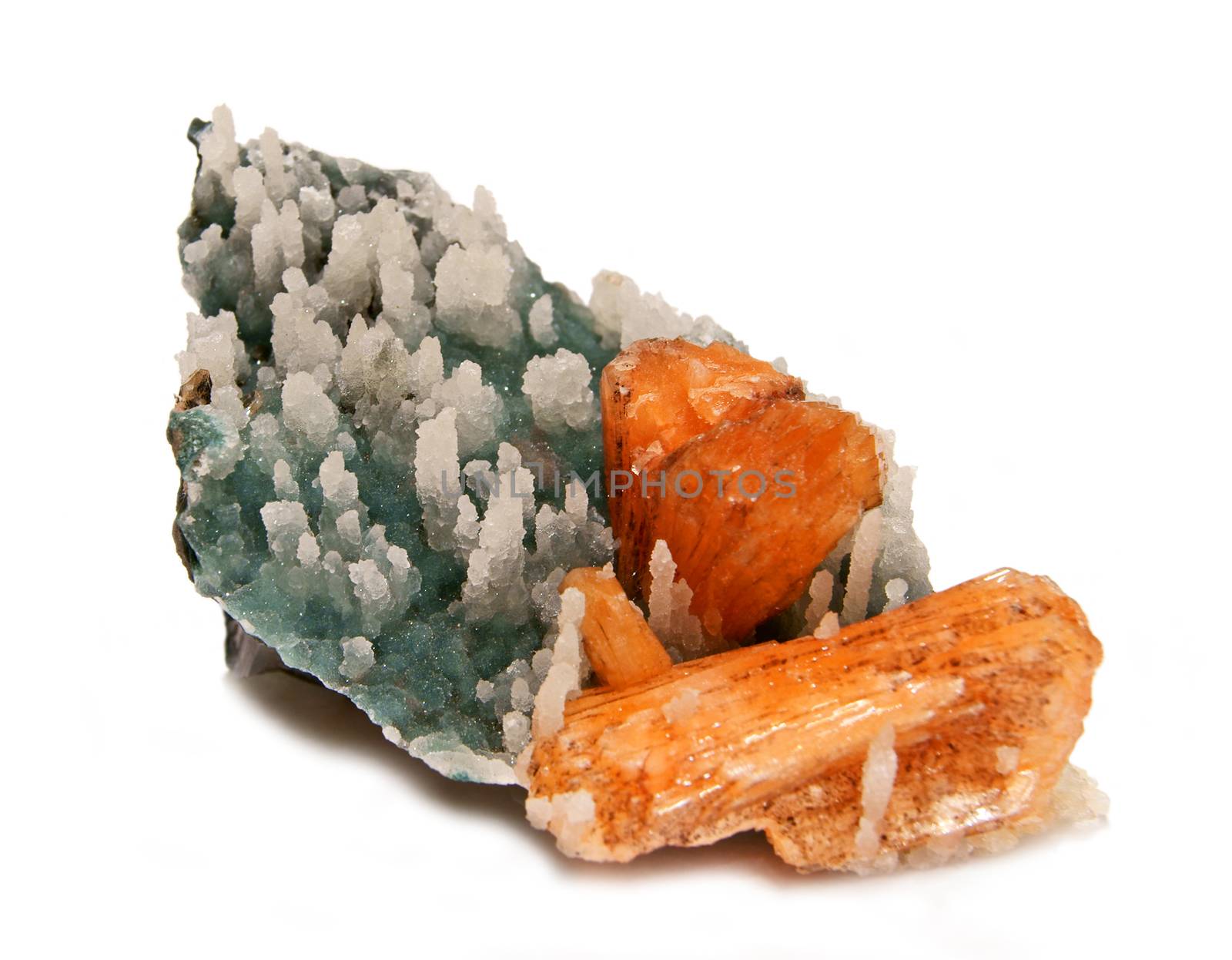 Orange stilbite crystals on blue chalcedony stalactite matrix from India