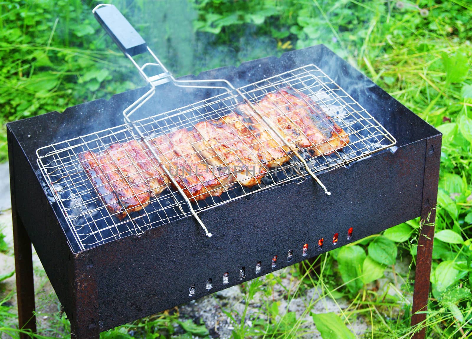 Barbecue stand with grilled pork ribs on metal grid over open fire