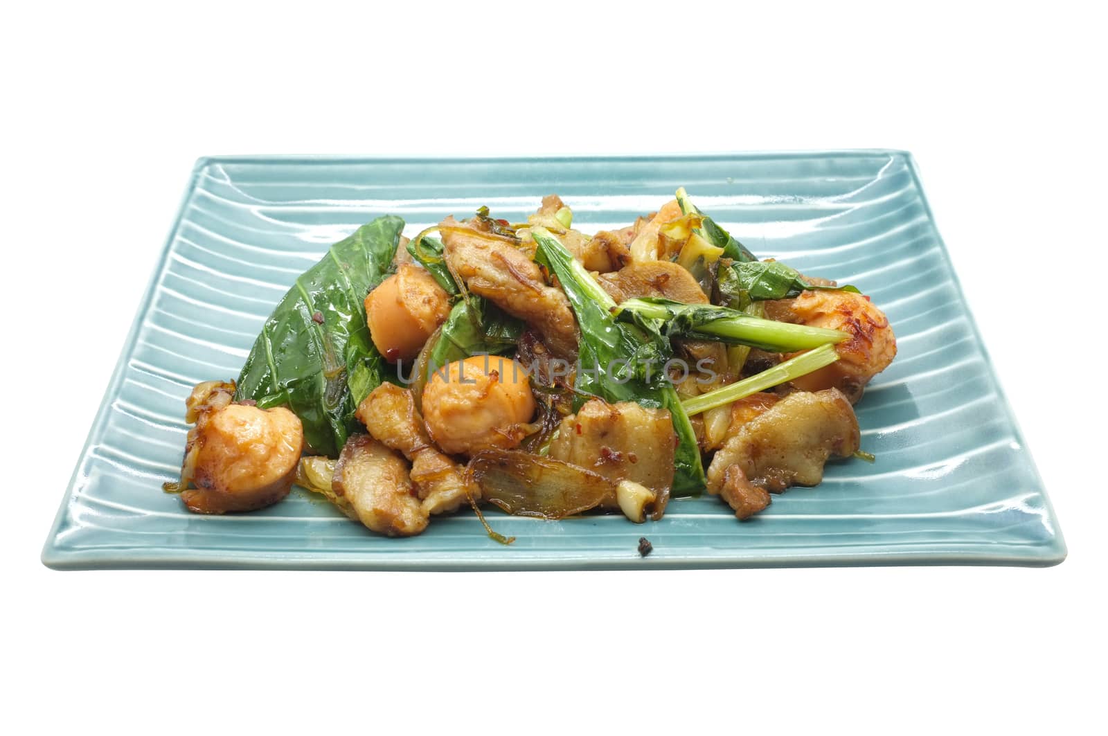 Stir fried green vegetables with pork and sausage