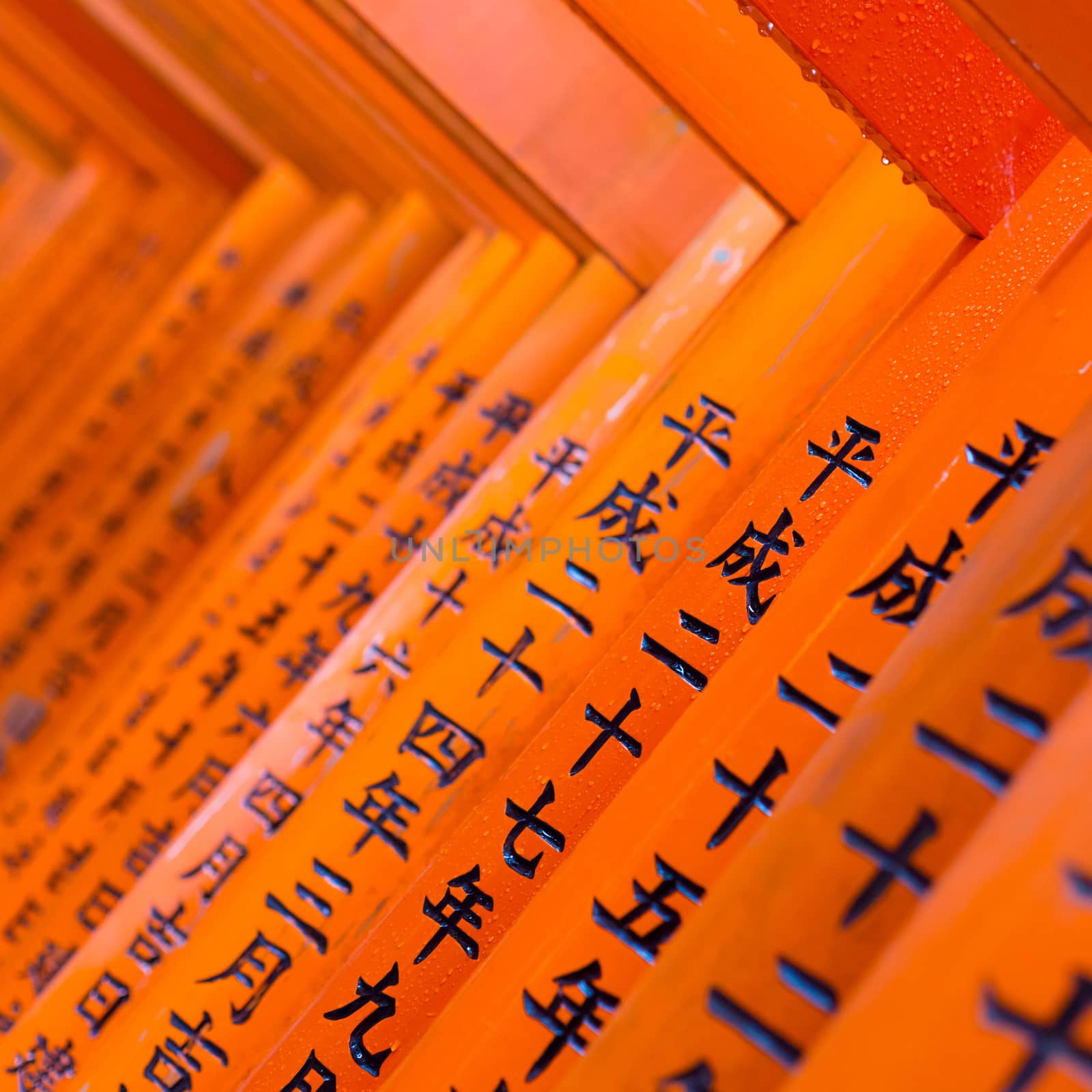 Red wooden Tori Gate at Fushimi Inari Shrine in Kyoto, Japan. Selective focus on traditional japanese writing.
