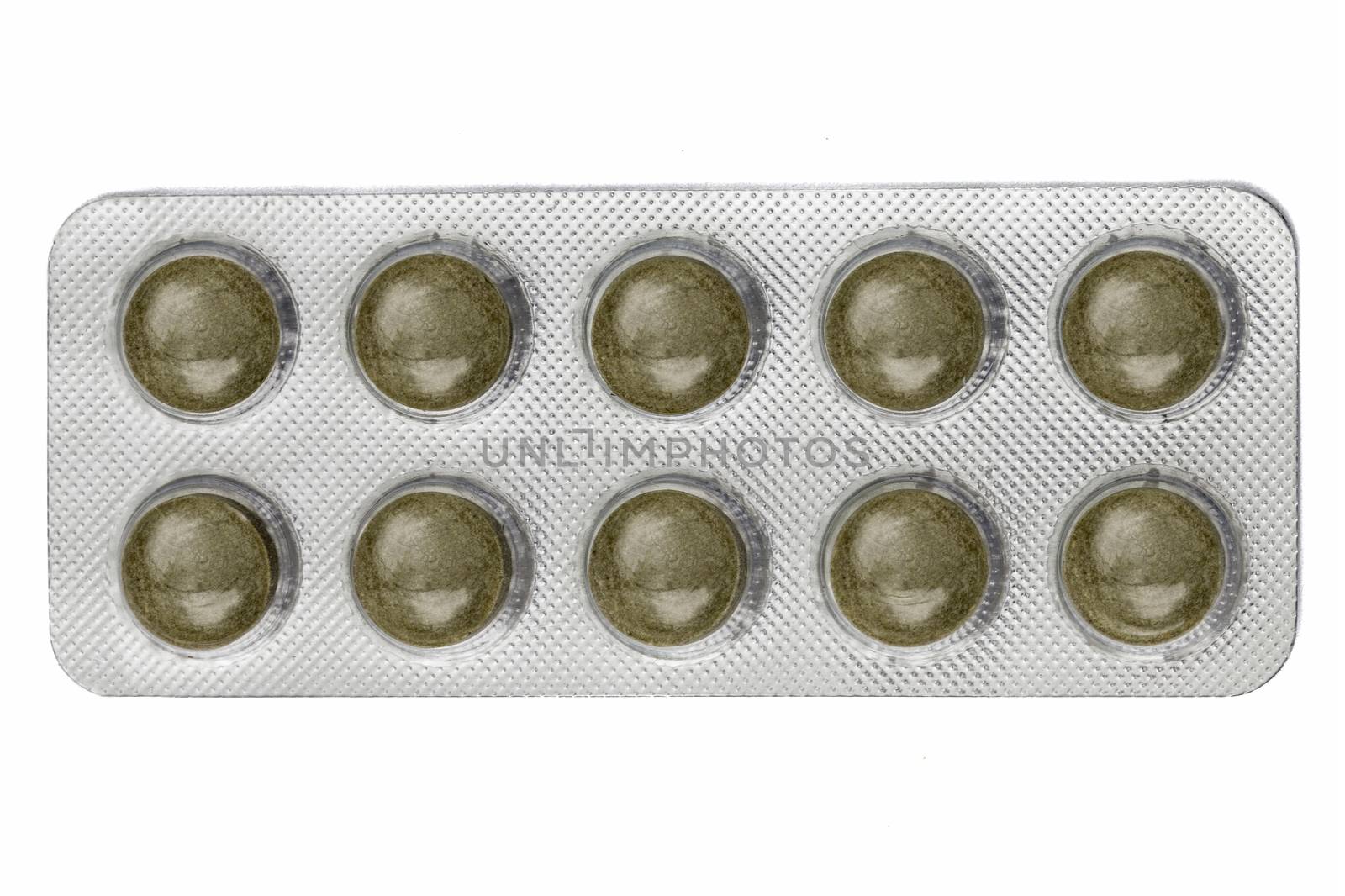 Pills in a blister pack, isolated on white background, with clipping path