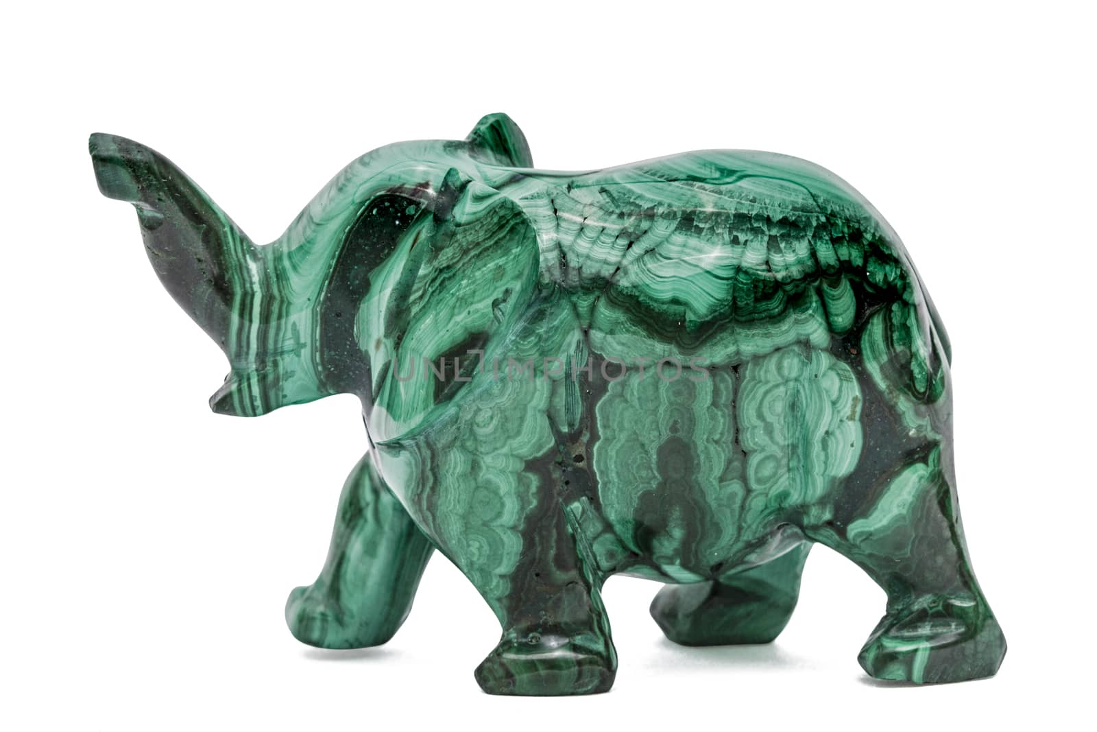 Elephant figurine from malachite, isolated on white background, with clipping path