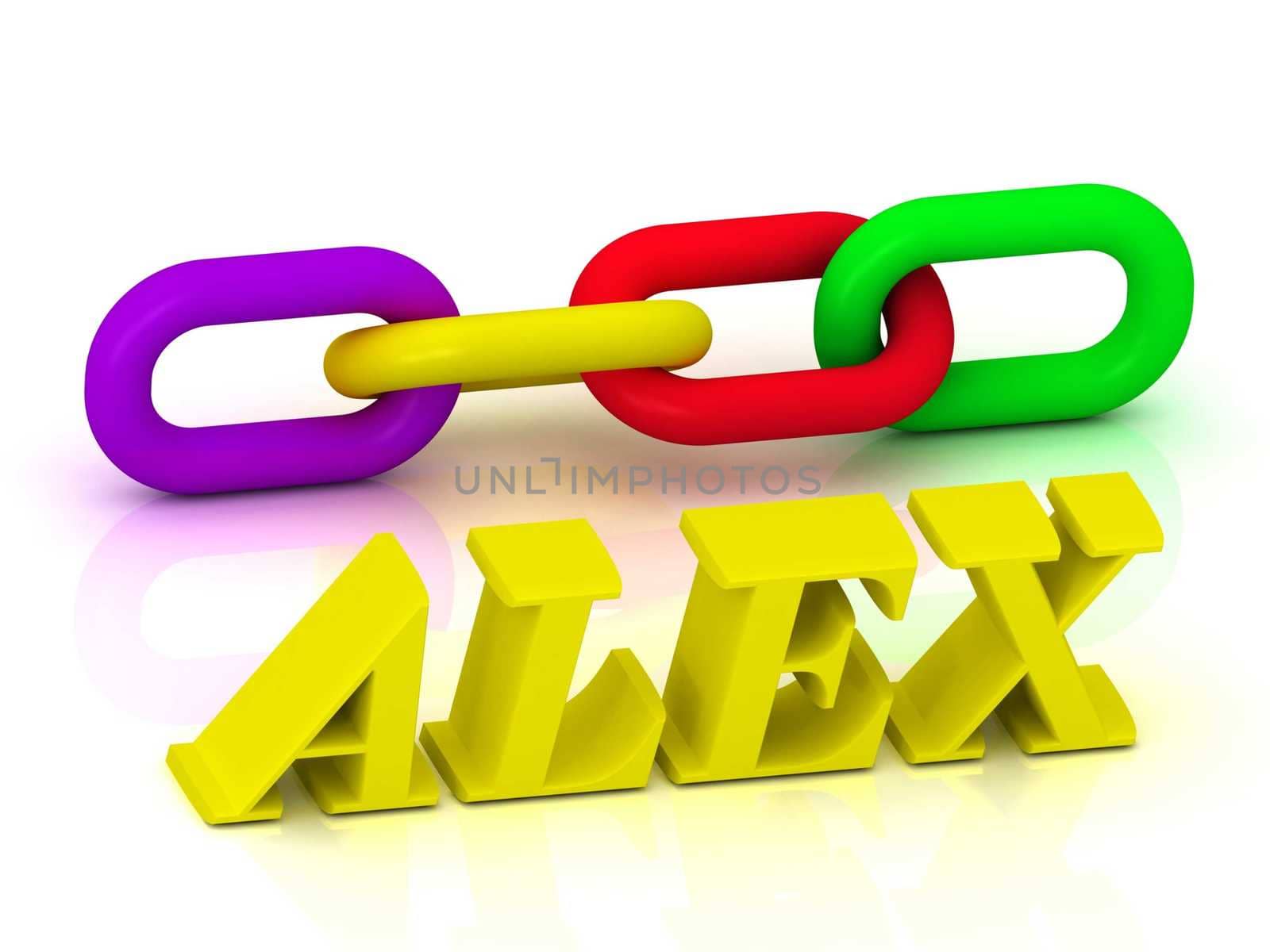 ALEX- Name and Family of bright yellow letters and chain of green, yellow, red section on white background