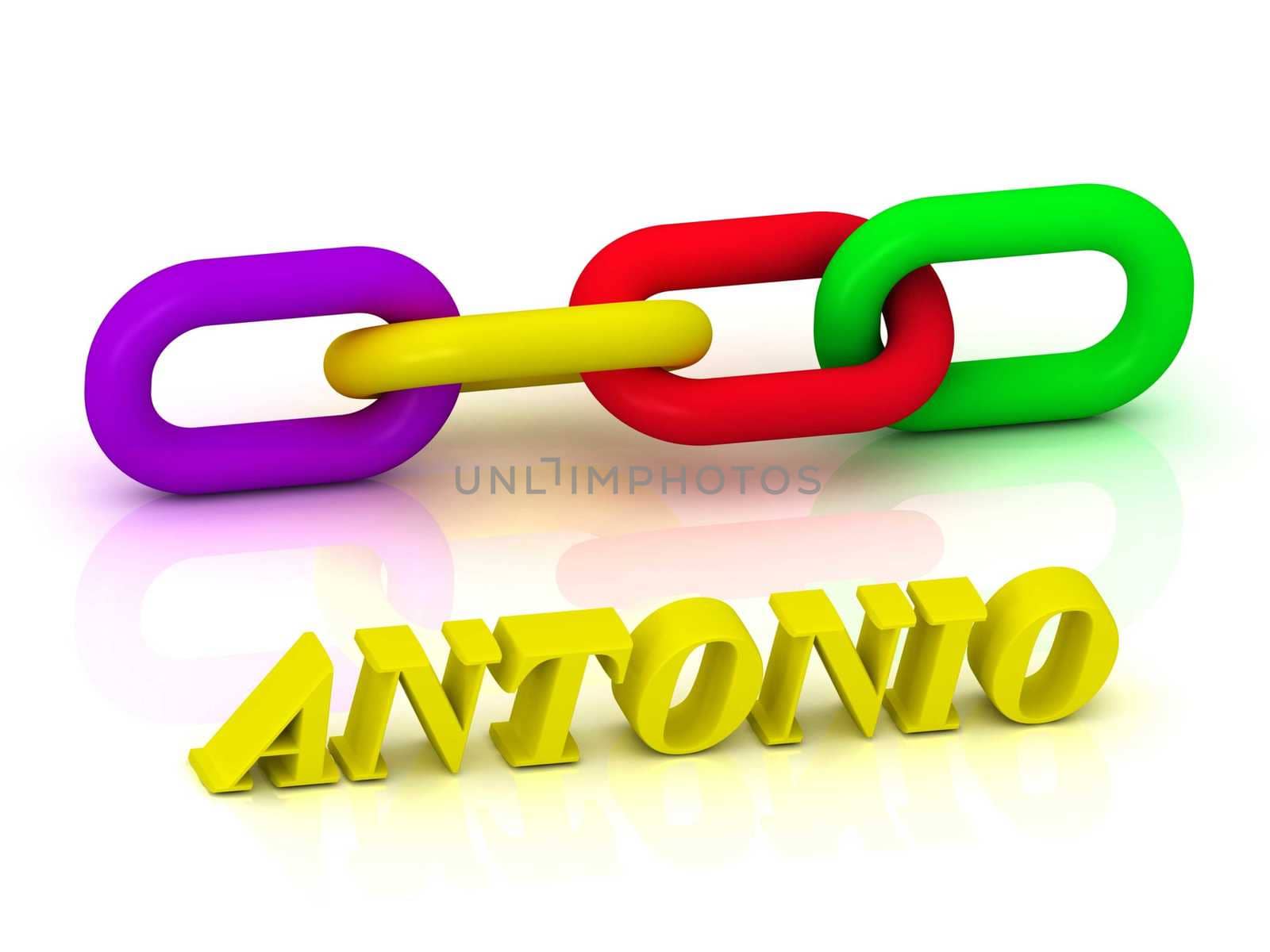 ANTONIO- Name and Family of bright yellow letters and chain of green, yellow, red section on white background