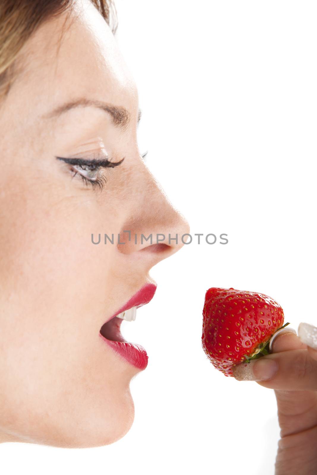 woman eating a strawberry by bernjuer