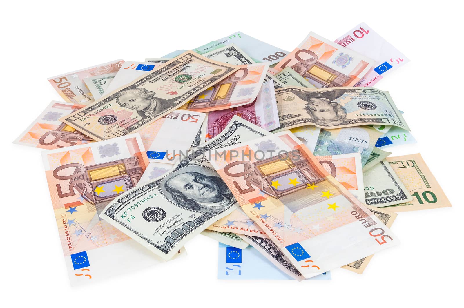 Heap of dollar and euro banknotes isolated on white background with clipping path