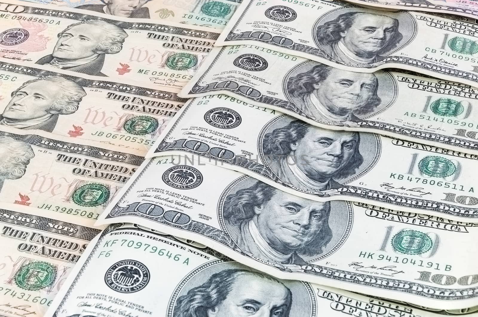 Closeup of dollar banknotes laying in a row forming a money background