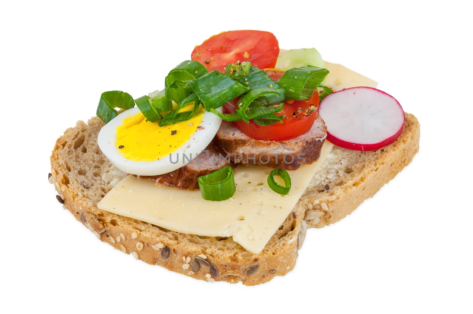 Sandwich with cheese egg tomato sausage radish and chive isolated on white background with clipping path