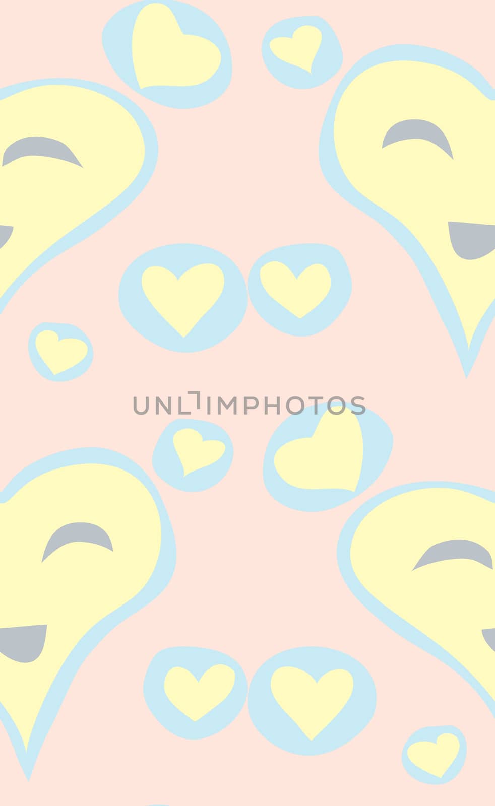 Seamless pattern of yellow smiling valentine hearts surrounded by pink