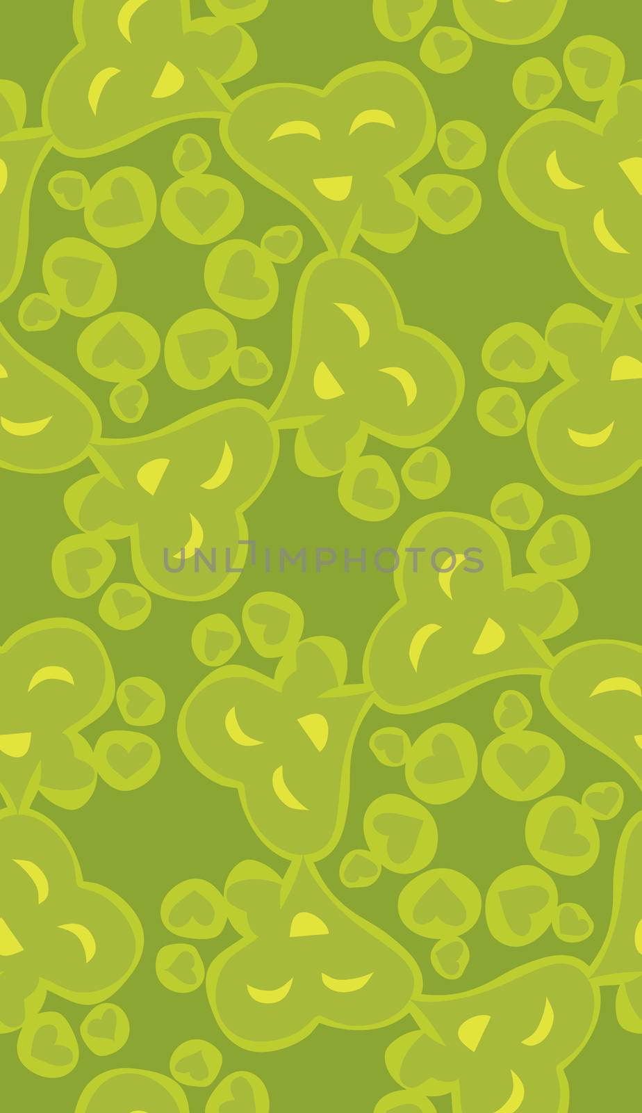 Repeating background pattern of green smiling heart shapes