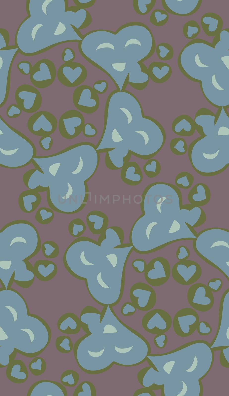 Repeating background pattern of connected smiling blue heart shapes