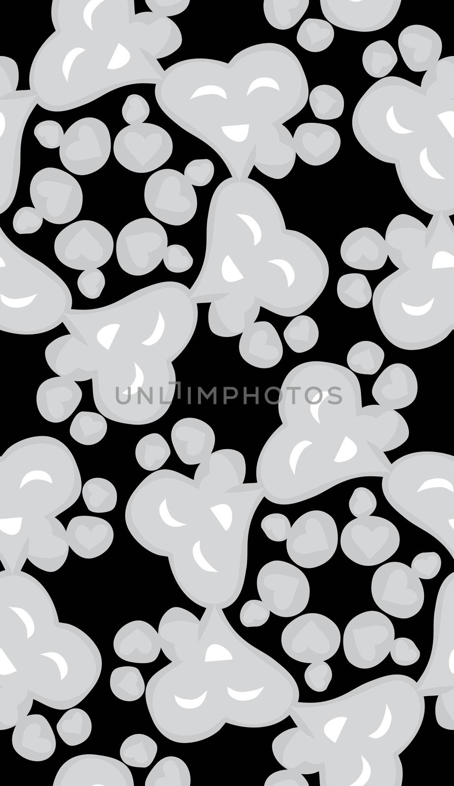 Repeating background pattern of gray and black connected smiling heart shapes