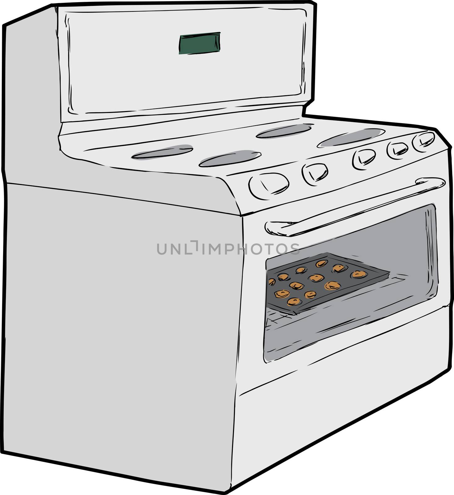 Cartoon sketch of induction stove with tray of cookies baking inside