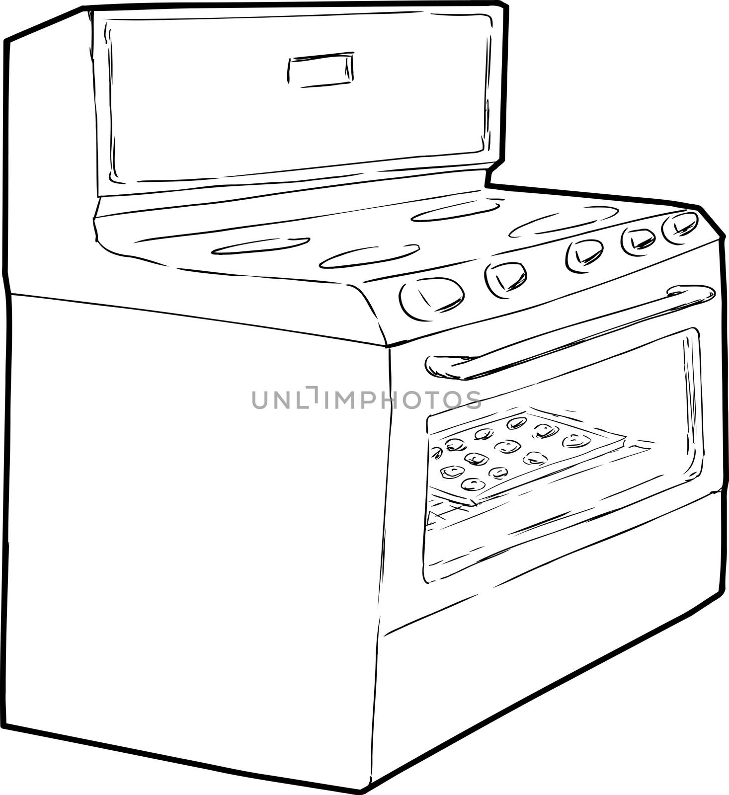 Outline sketch of induction stove with tray of cookies baking inside