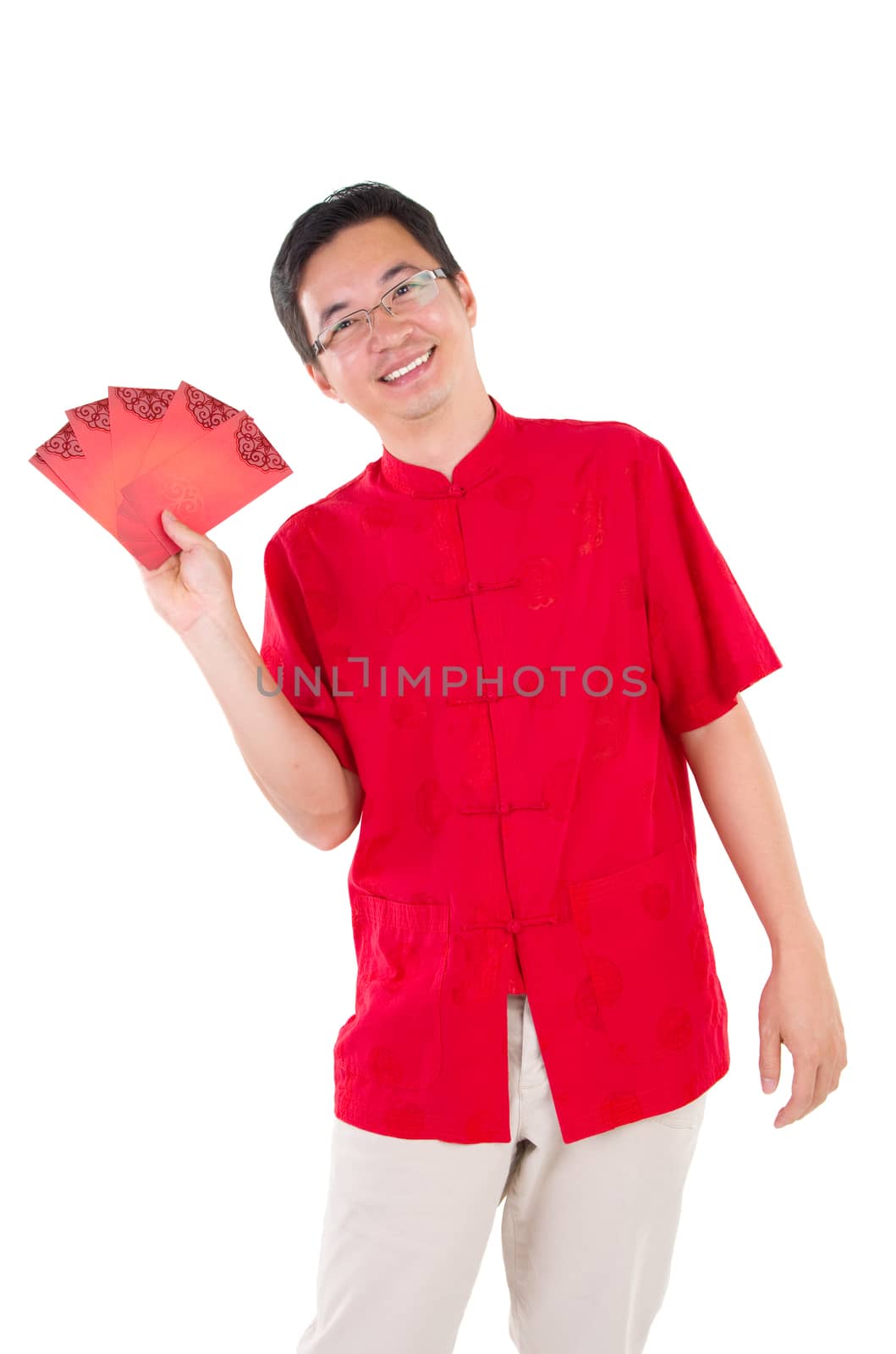 Happy oriental man open her arms looking up with surprising face, isolated on white background.