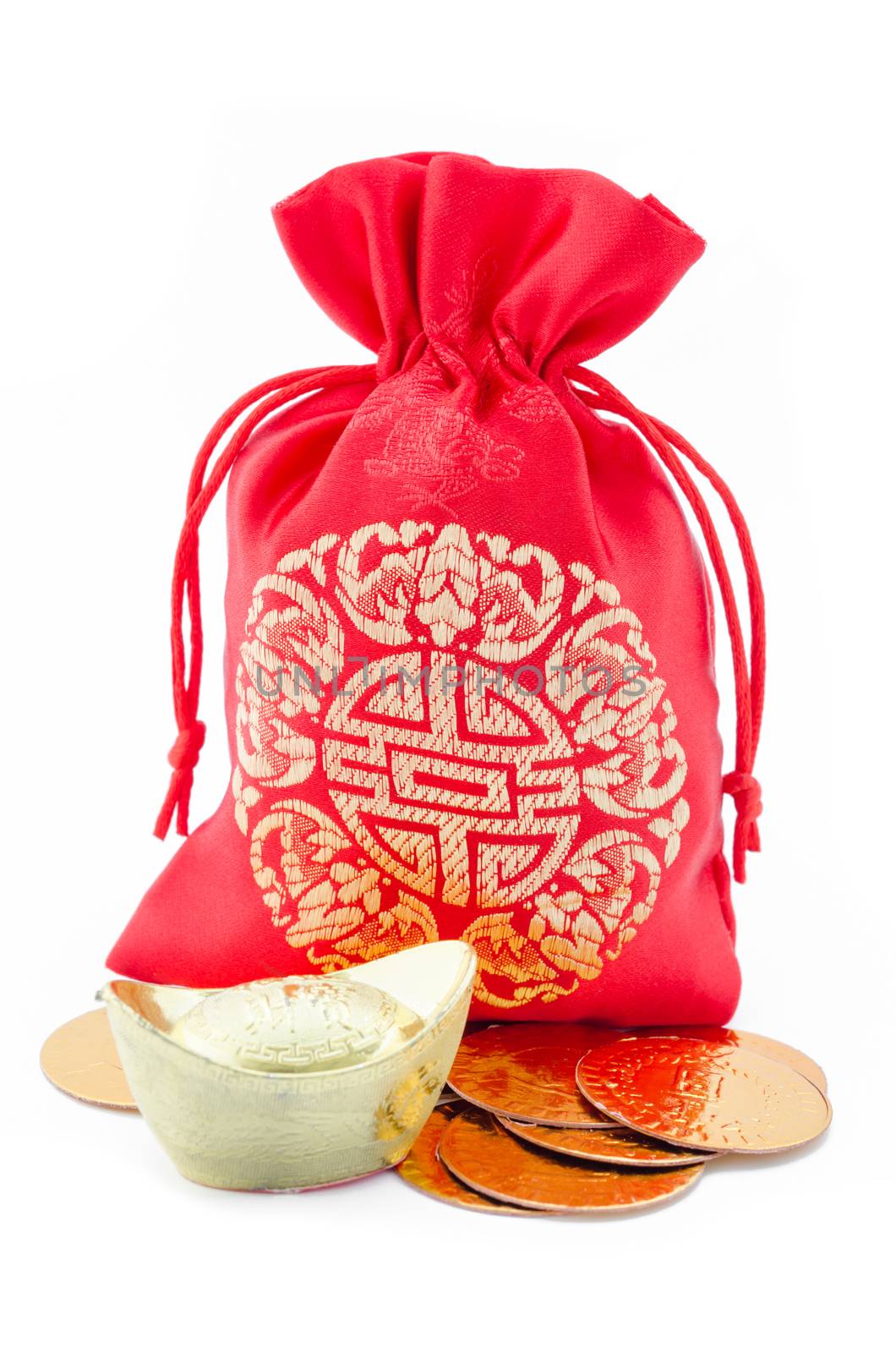 Chinese New Year Gift Bag and Gold ingot Ornament on White Background