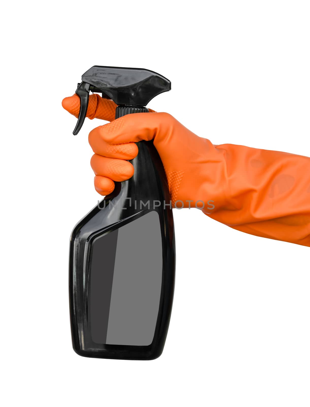 Hand in gloves holds black color spray bottle. Isolated on a white background. Save clipping path.