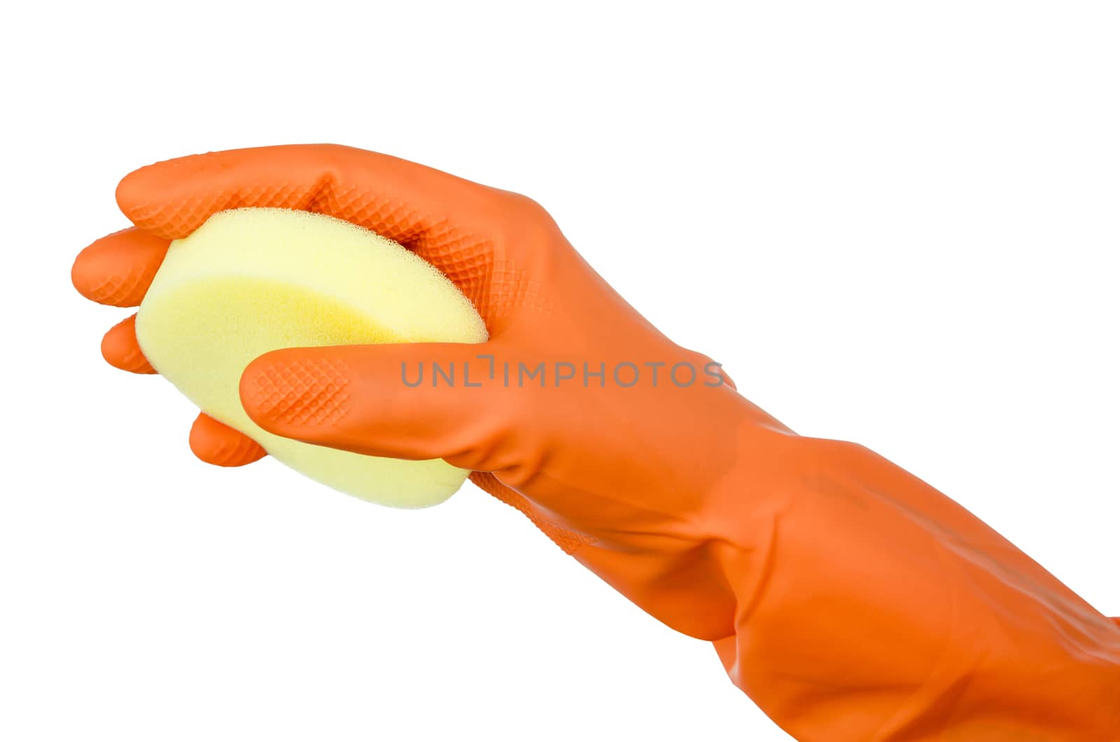 Hand in glove with yellow sponge isolated on white background. Save clipping path.