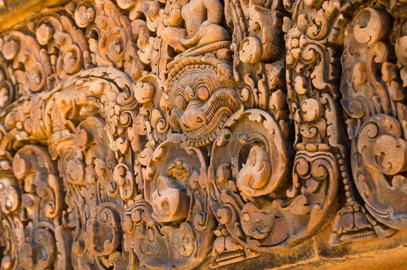 Carving details at Banteay Srei temple by siraanamwong