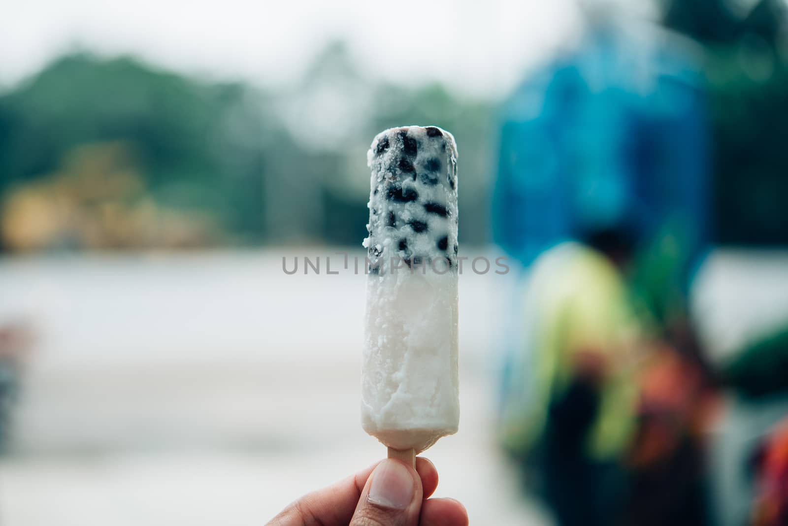 Hand hold coconut blackbean icecream with the blurred background.Soft focus.