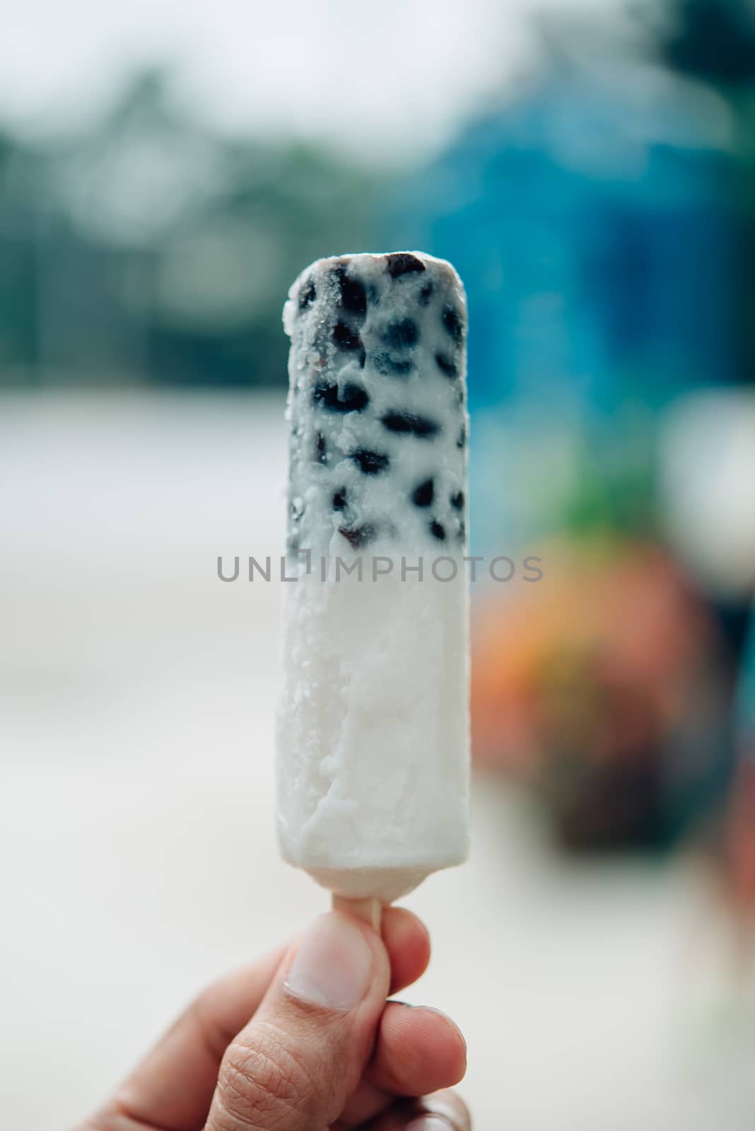 Hand hold coconut blackbean icecream with the blurred background.Soft focus.