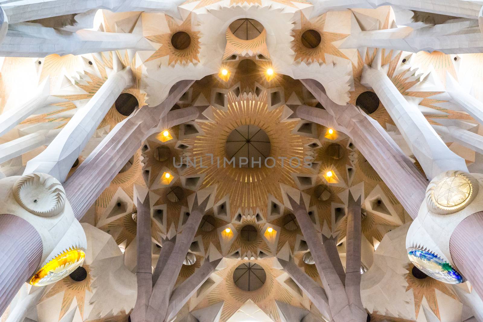Barcelona, Spain - Jun 10:Interior of  La Sagrada Familia - designed by Gaudi, which is being build since 19 March 1882 and is not finished yet Jun 10, 2014 in Barcelona, Spain.