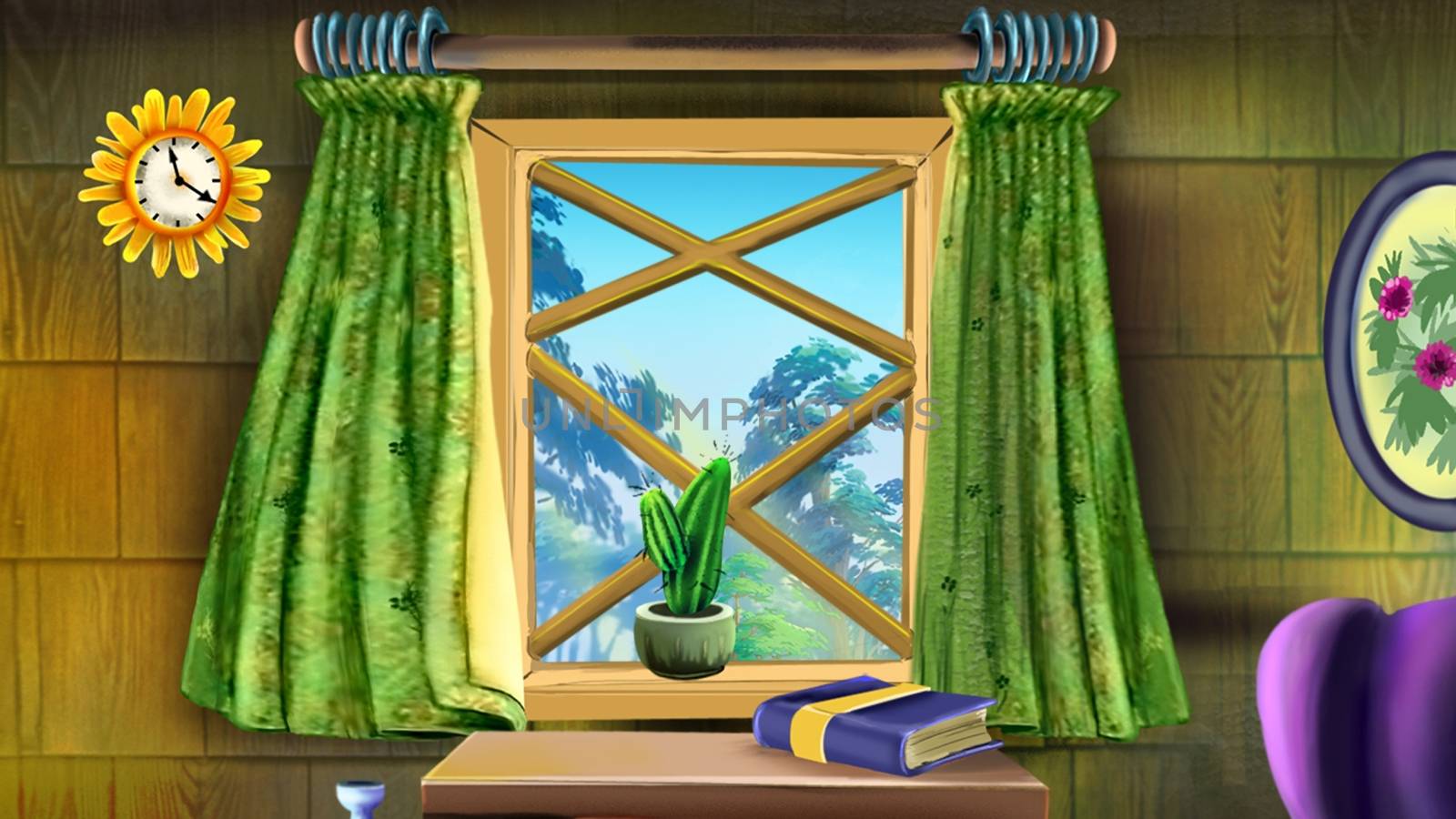 Digital painting of the window. Indoor. forest views.