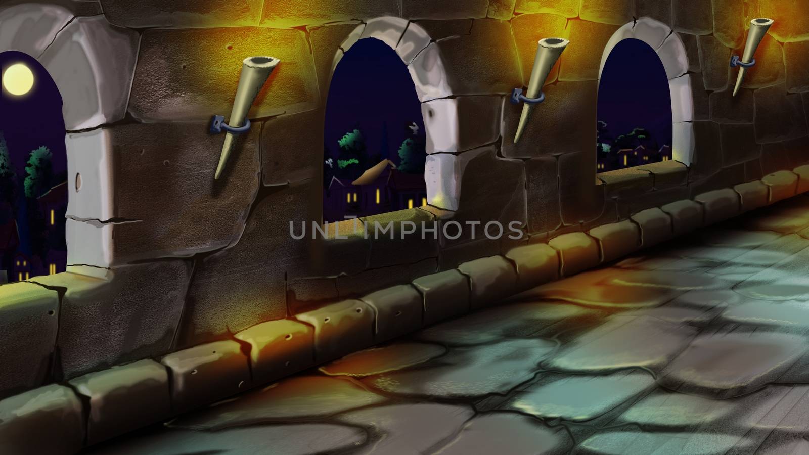 Digital painting of gallery in the. Summer night view with a stone floor and torches.