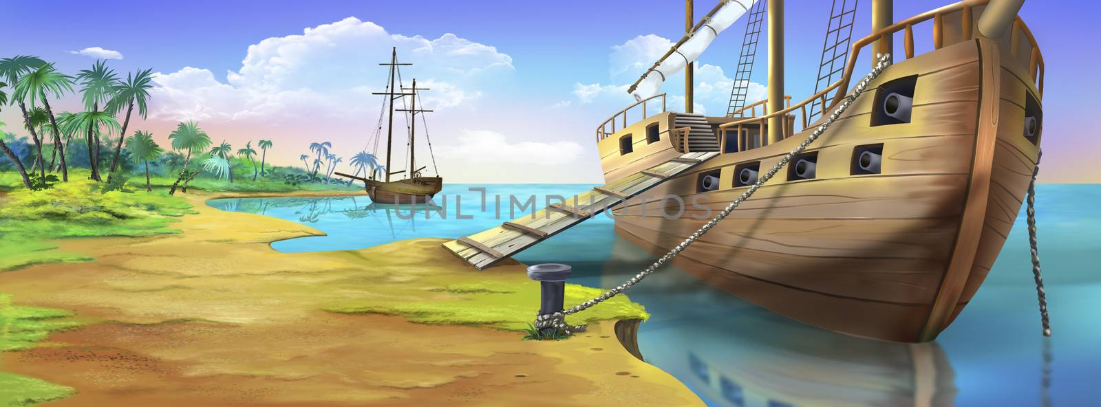 Digital painting of the pirate ship near a island with sails and stair. Panorama.